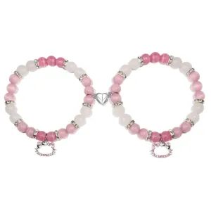2Pcs/Set Pink Color Hello Cat Beaded Bracelets for Women Heart Magnetic Matching Couple Bracelets Girls Festival Jewelry Gifts