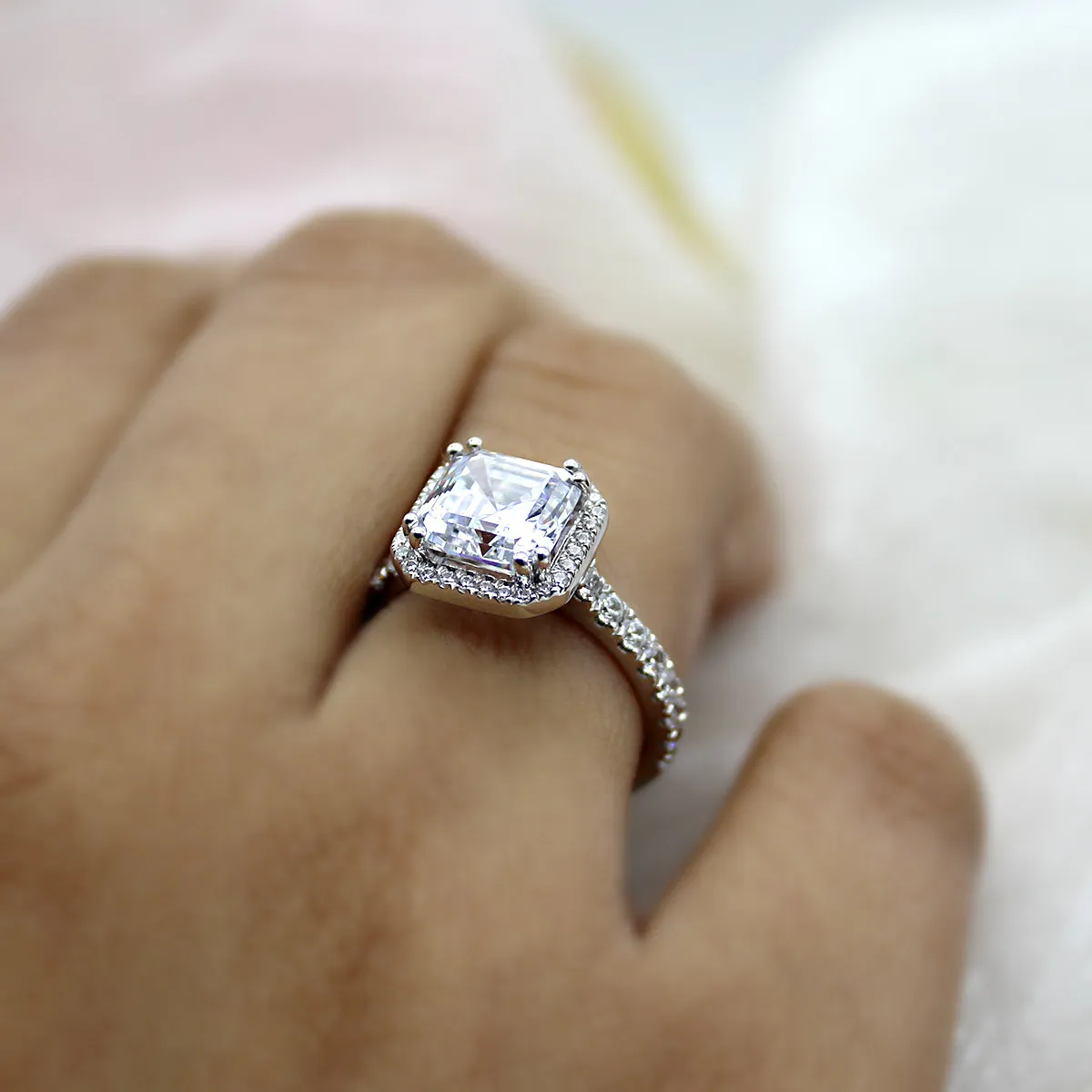 3 CT Asscher Cut Simulated Diamond Engagement Ring
