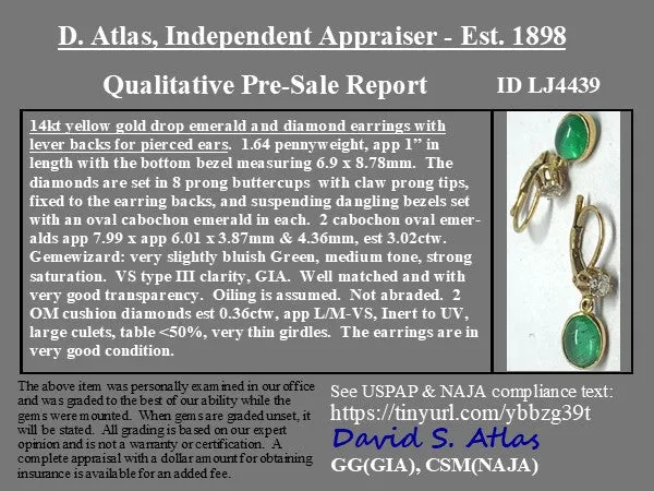 3.38ctw Emerald Cabochon & Old Mine Cut Diamond Drop Earrings
