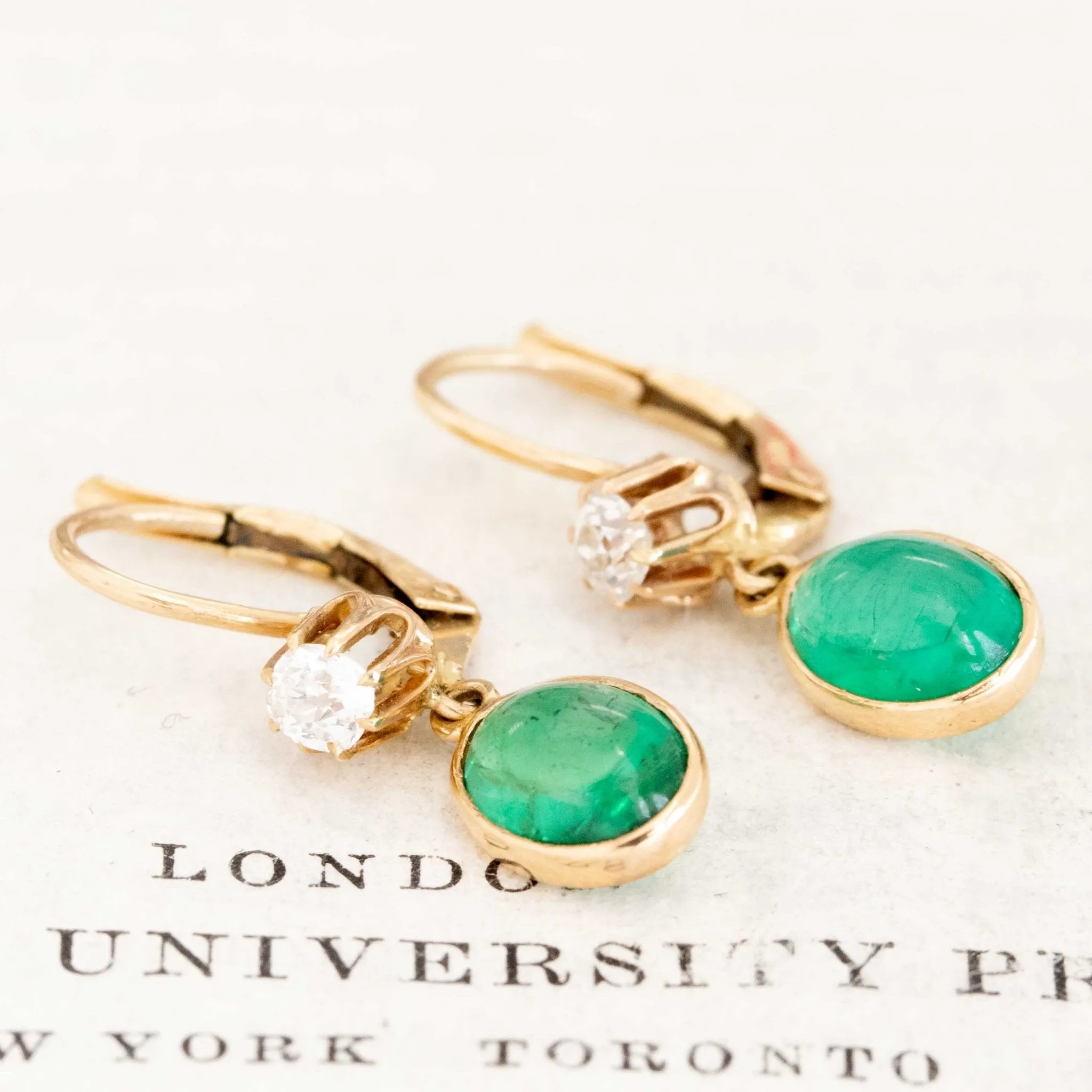 3.38ctw Emerald Cabochon & Old Mine Cut Diamond Drop Earrings