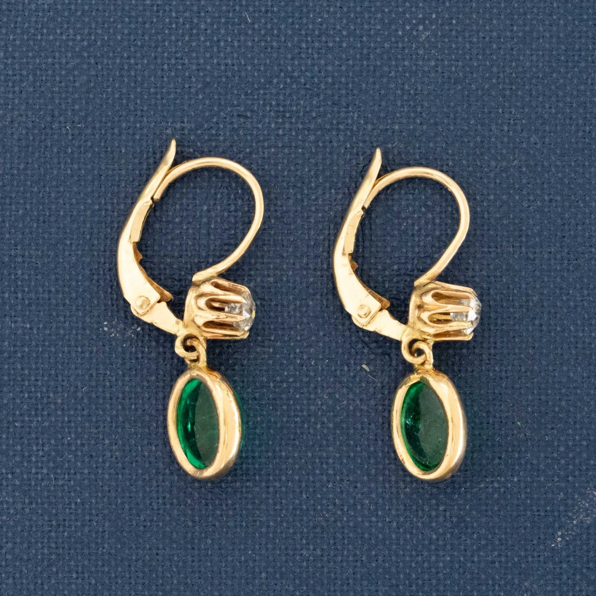 3.38ctw Emerald Cabochon & Old Mine Cut Diamond Drop Earrings