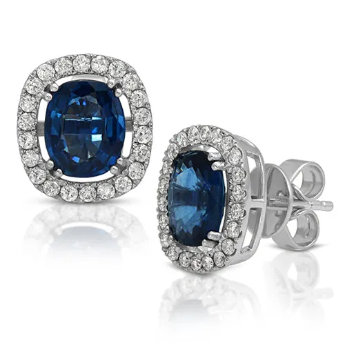 3.48ct Cushion Sapphire on a Halo Design with 0.53ct Round cut Diamond in 14k White Gold Stud Earrings