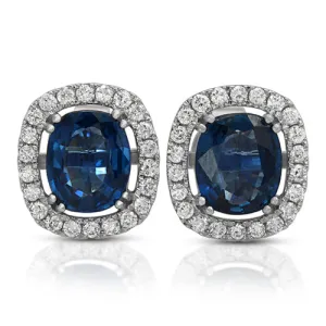 3.48ct Cushion Sapphire on a Halo Design with 0.53ct Round cut Diamond in 14k White Gold Stud Earrings