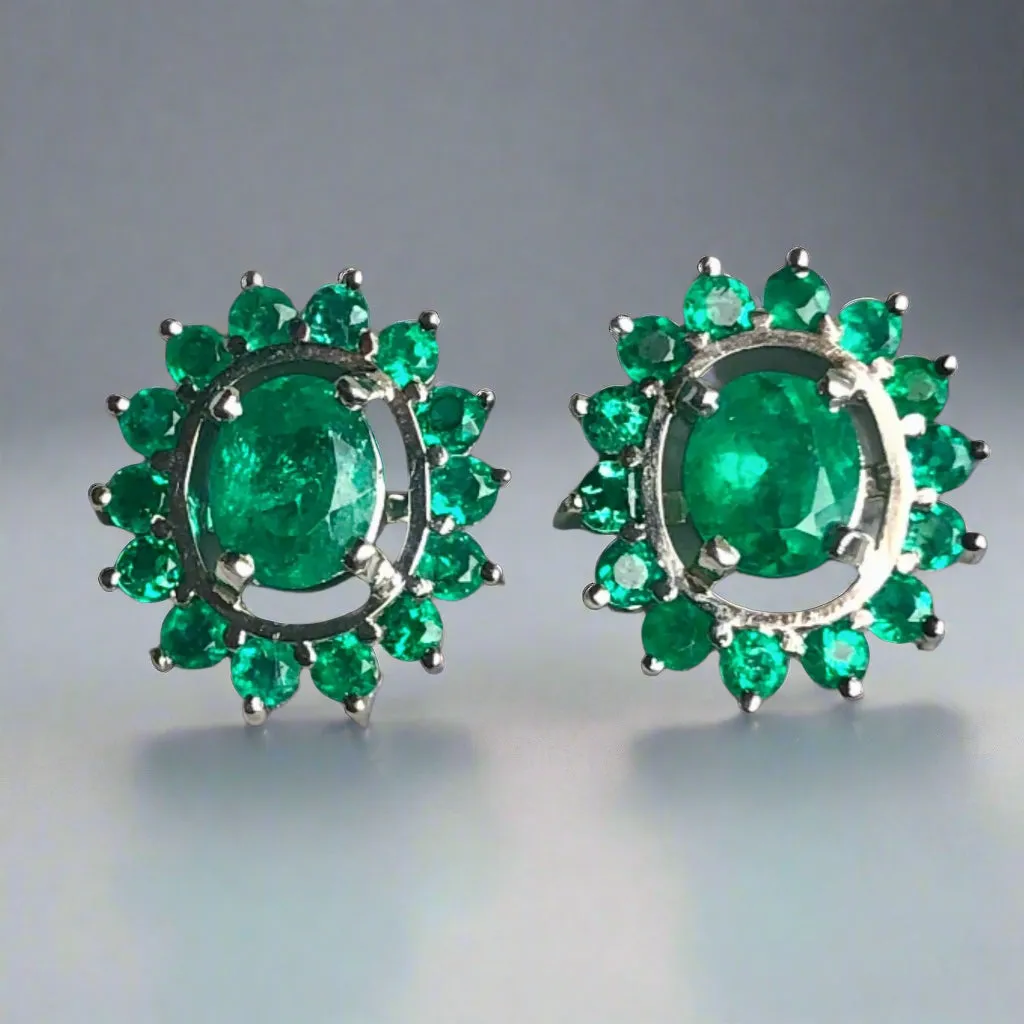 3.56 Carat Emerald Oval Shape 18 Karat White Gold Earrings