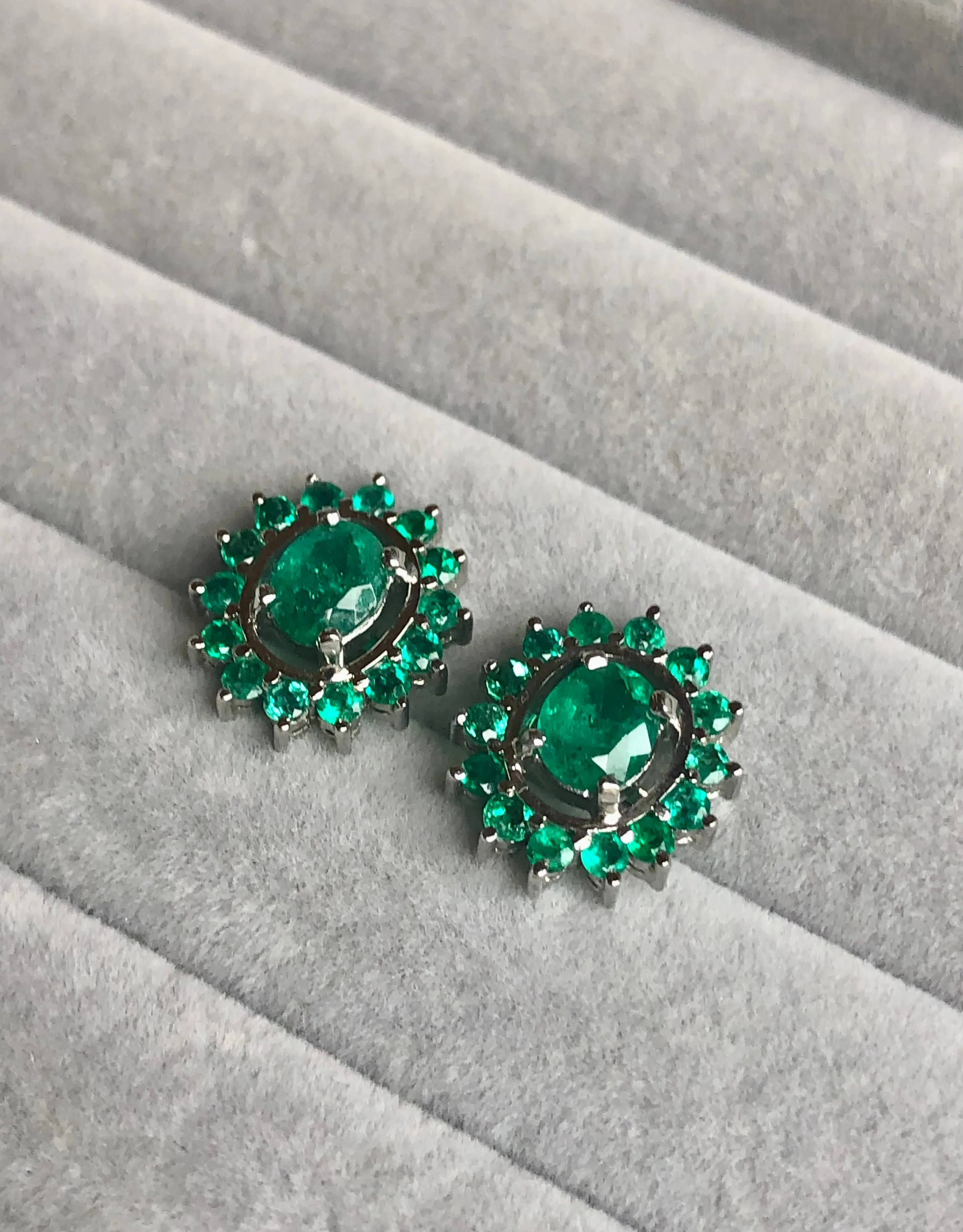 3.56 Carat Emerald Oval Shape 18 Karat White Gold Earrings