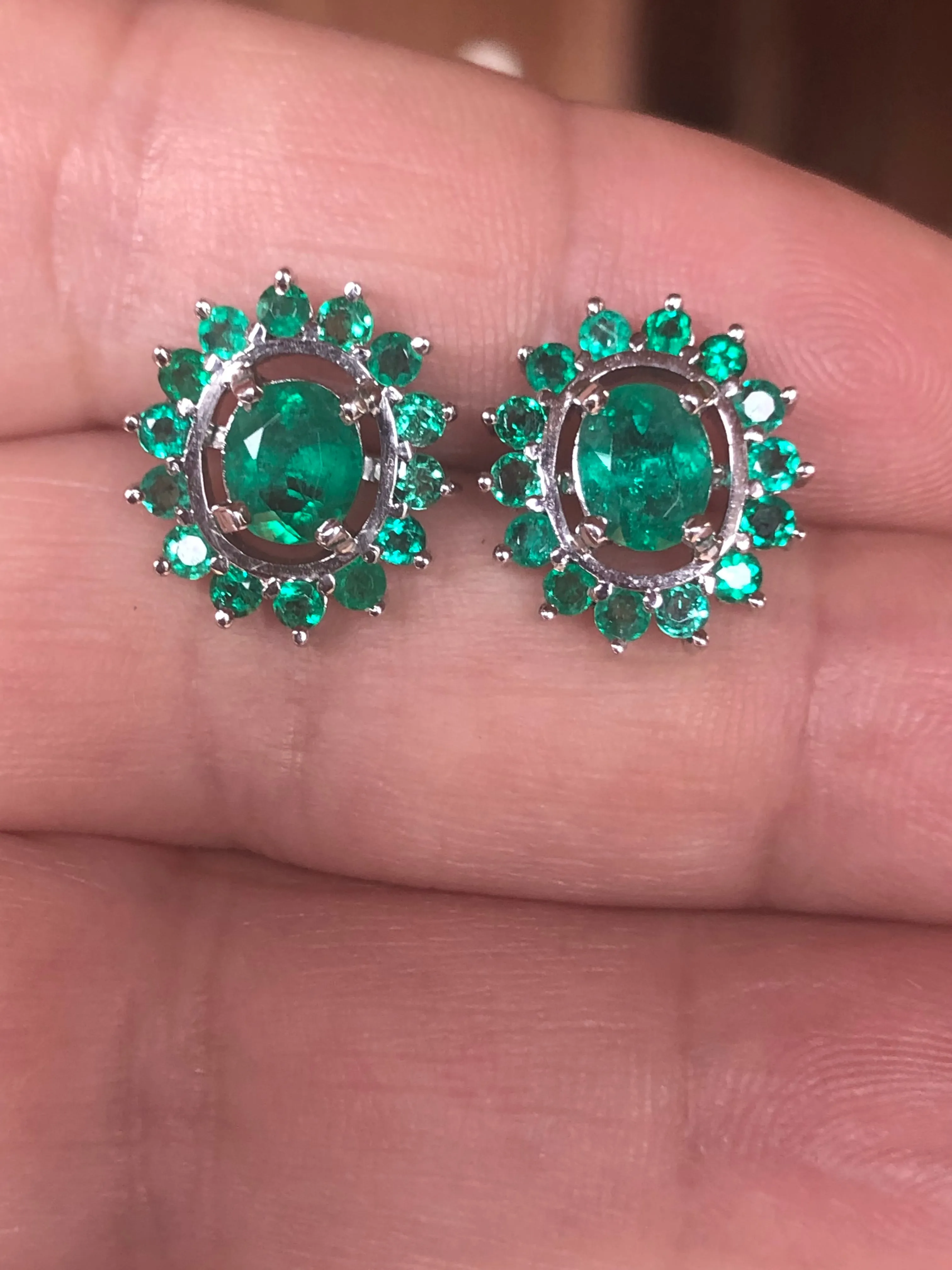 3.56 Carat Emerald Oval Shape 18 Karat White Gold Earrings
