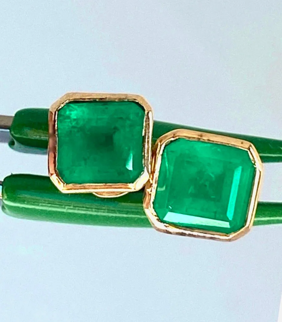 3.60 Carat Natural Colombian Emerald Square Stud Earrings 18 Karat Gold