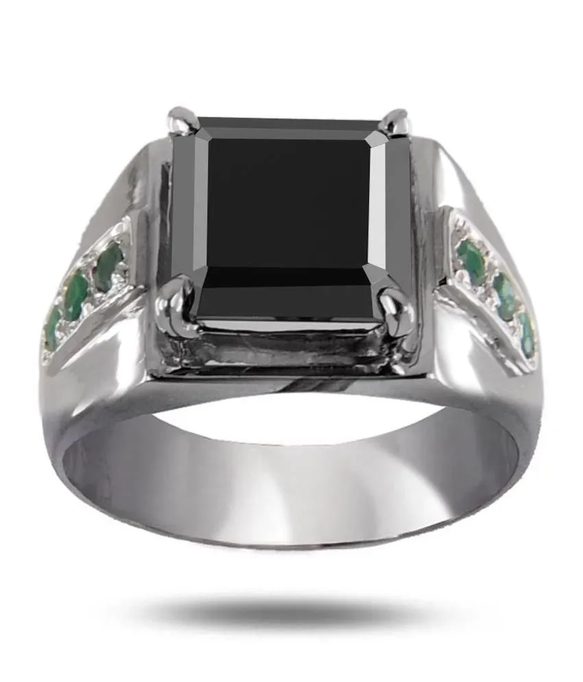3.60 Ct Asscher Shape Black Diamond Ring With Emerald Accents, Gift for Wedding, Anniversary