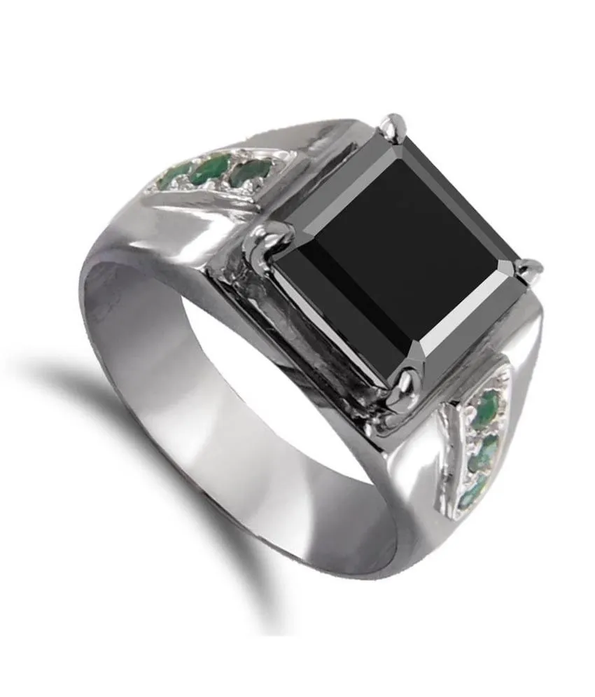 3.60 Ct Asscher Shape Black Diamond Ring With Emerald Accents, Gift for Wedding, Anniversary