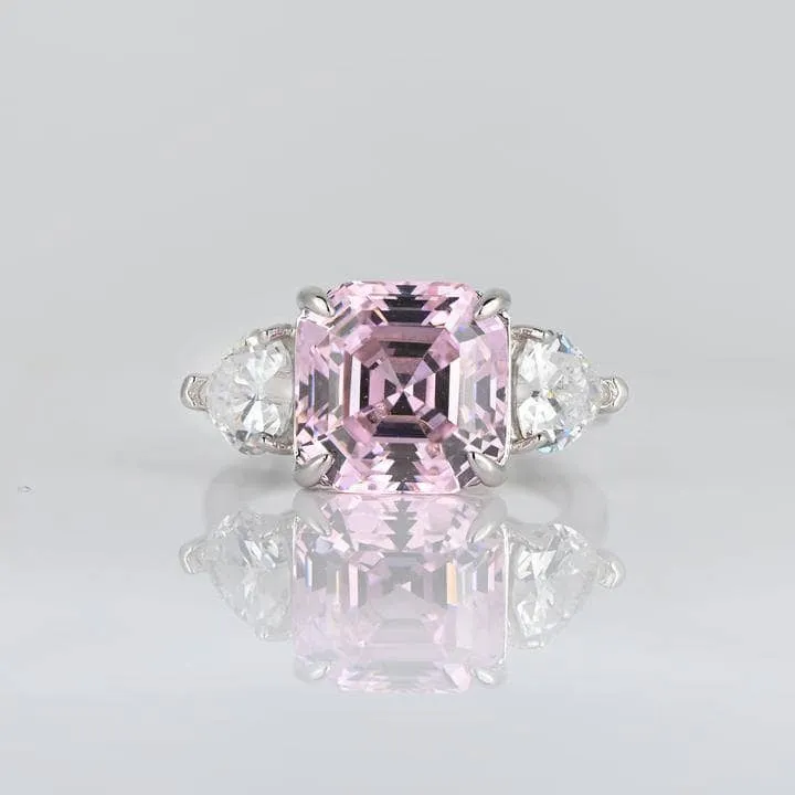 5ct Pink Sapphire Asscher Cut Three Stone Engagement Ring