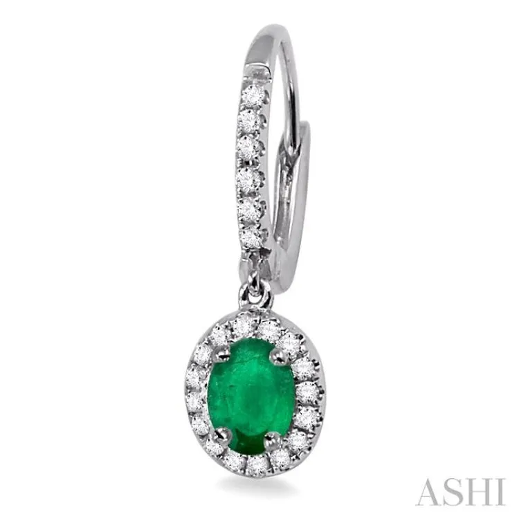 5x3 MM Oval Cut Emerald and 1/4 ctw Round Cut Diamond Earrings in 14K White Gold