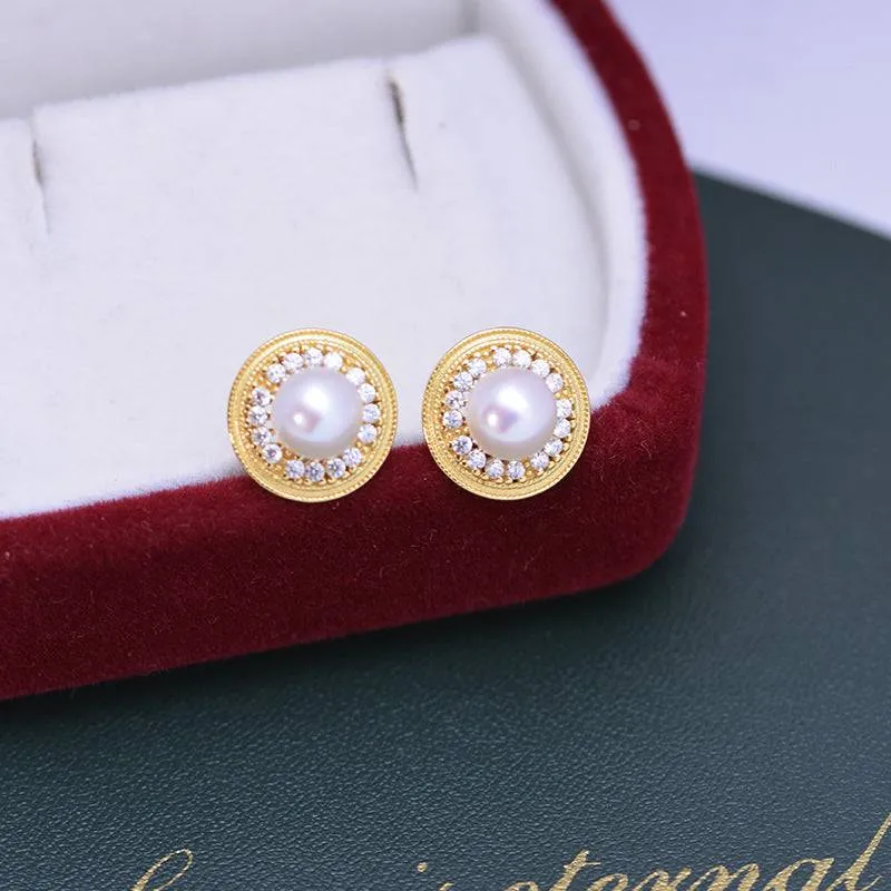 6-7mm White Freshwater Pearl & Sunflower Stud Earrings
