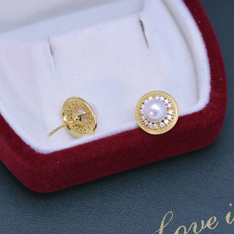 6-7mm White Freshwater Pearl & Sunflower Stud Earrings