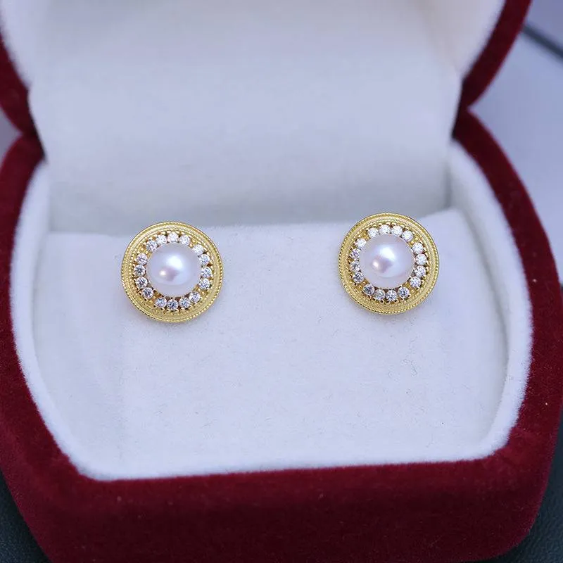 6-7mm White Freshwater Pearl & Sunflower Stud Earrings
