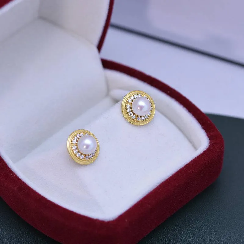 6-7mm White Freshwater Pearl & Sunflower Stud Earrings