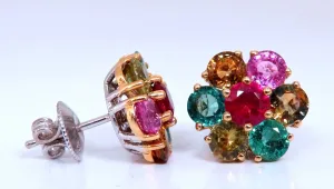 6.20ct Natural Ruby Sapphire Emerald Cluster Earrings 14kt gold