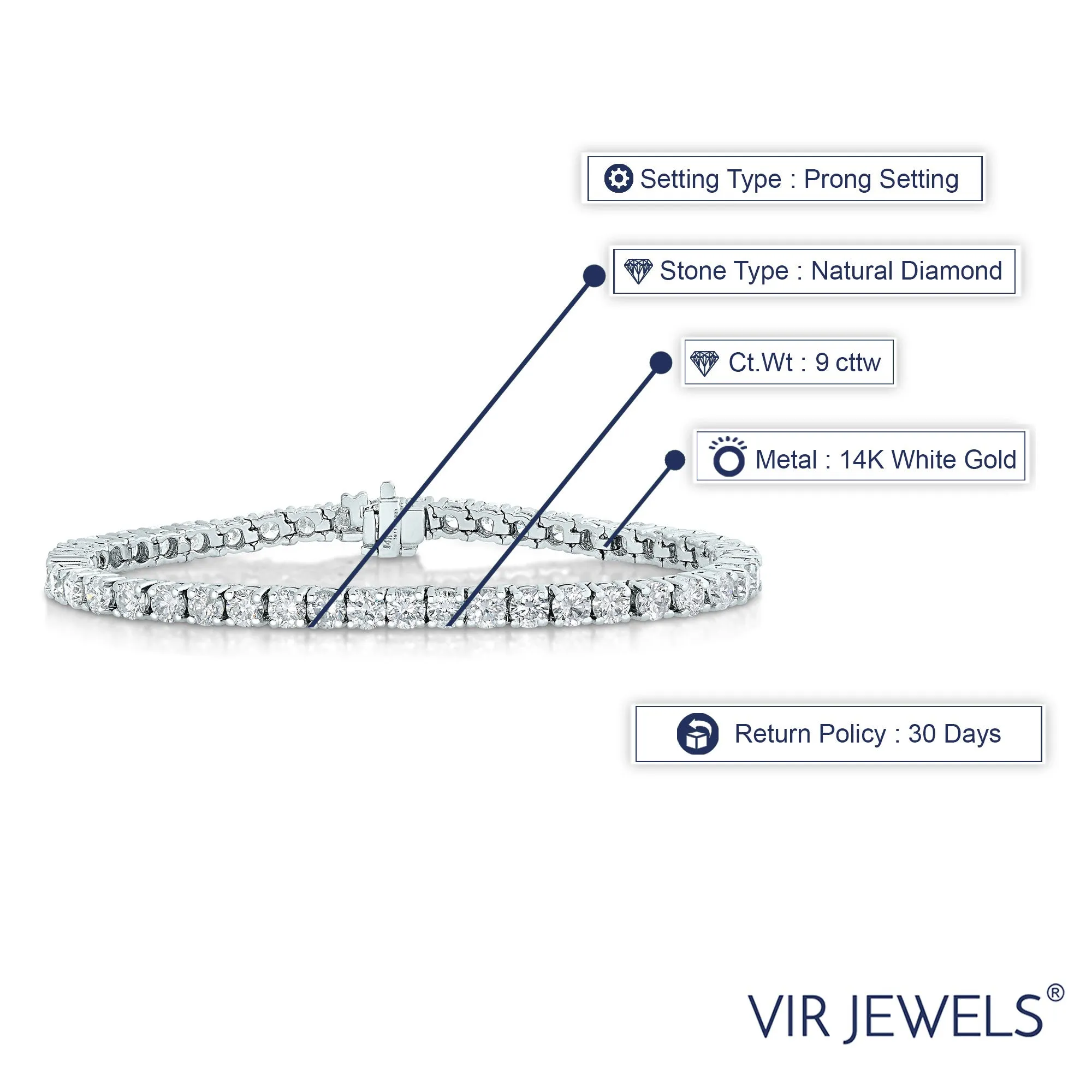 9 cttw Diamond Classic Tennis Bracelets in 14K White Gold