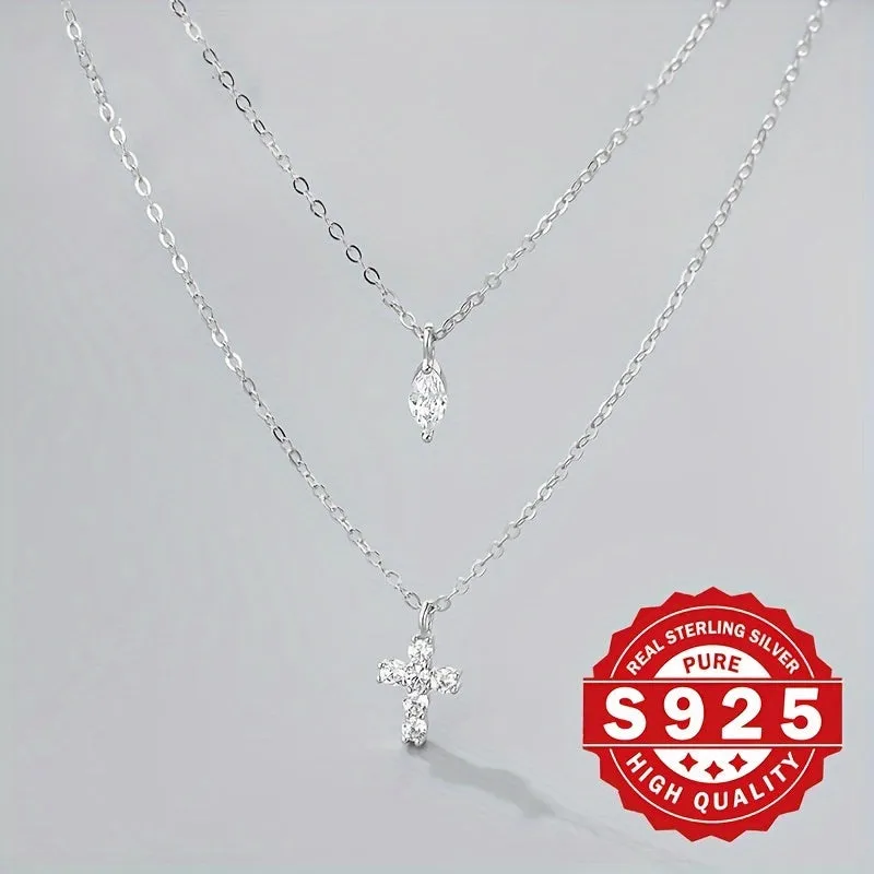 925 Silver Cross Pendant Necklace Set with CZ Stones