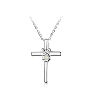 925 Sterling Silver Cross Shape with White Opal Stone Pendant Necklaces for Women