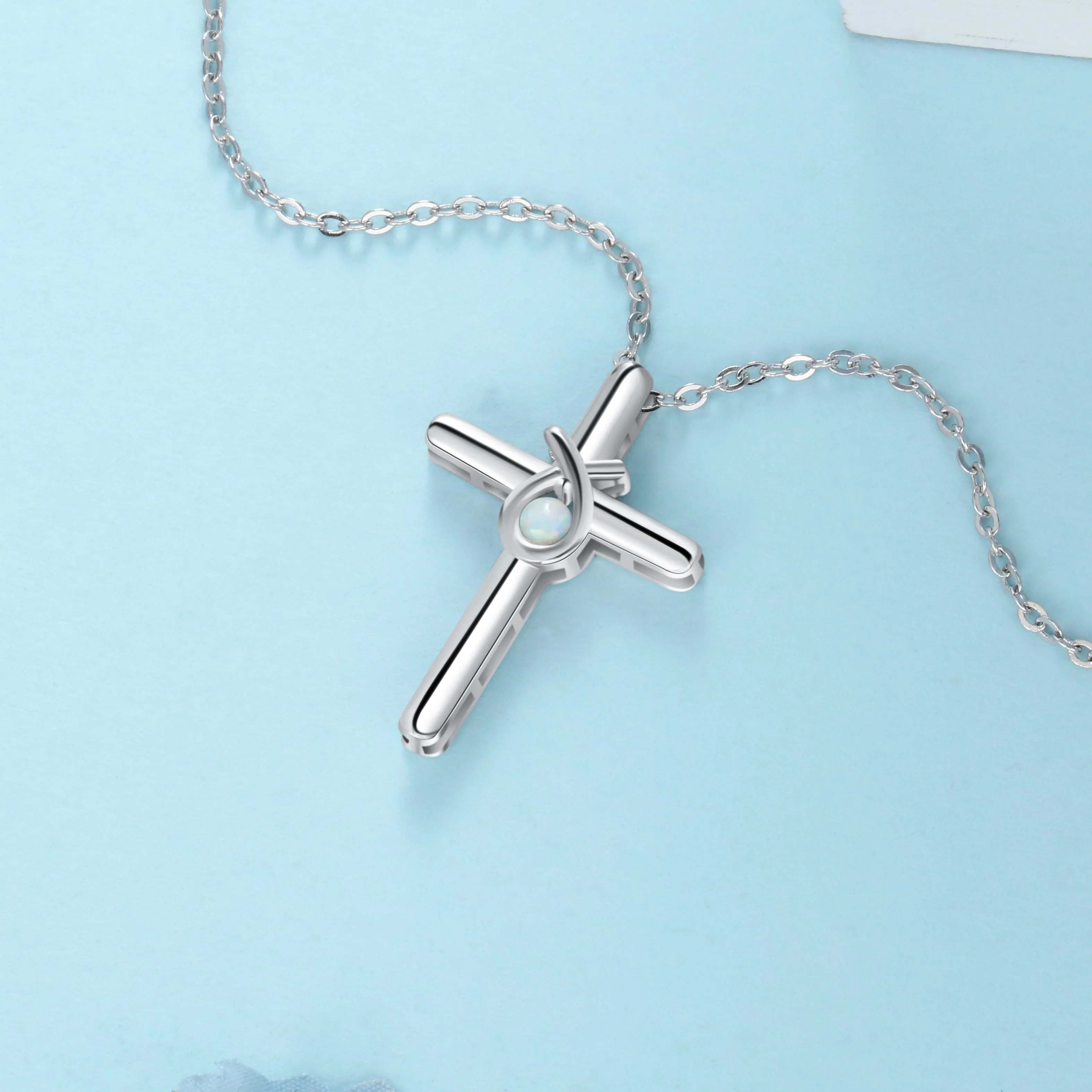 925 Sterling Silver Cross Shape with White Opal Stone Pendant Necklaces for Women