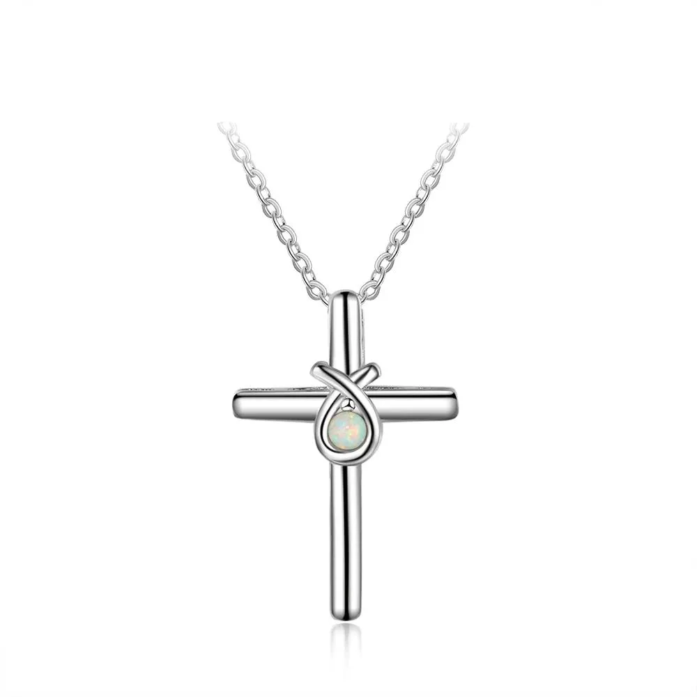 925 Sterling Silver Cross Shape with White Opal Stone Pendant Necklaces for Women