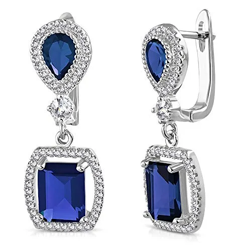 925 Sterling Silver Rectangular Teardrop Green Emerald-Tone CZ Drop Dangle Earrings, 1.2"