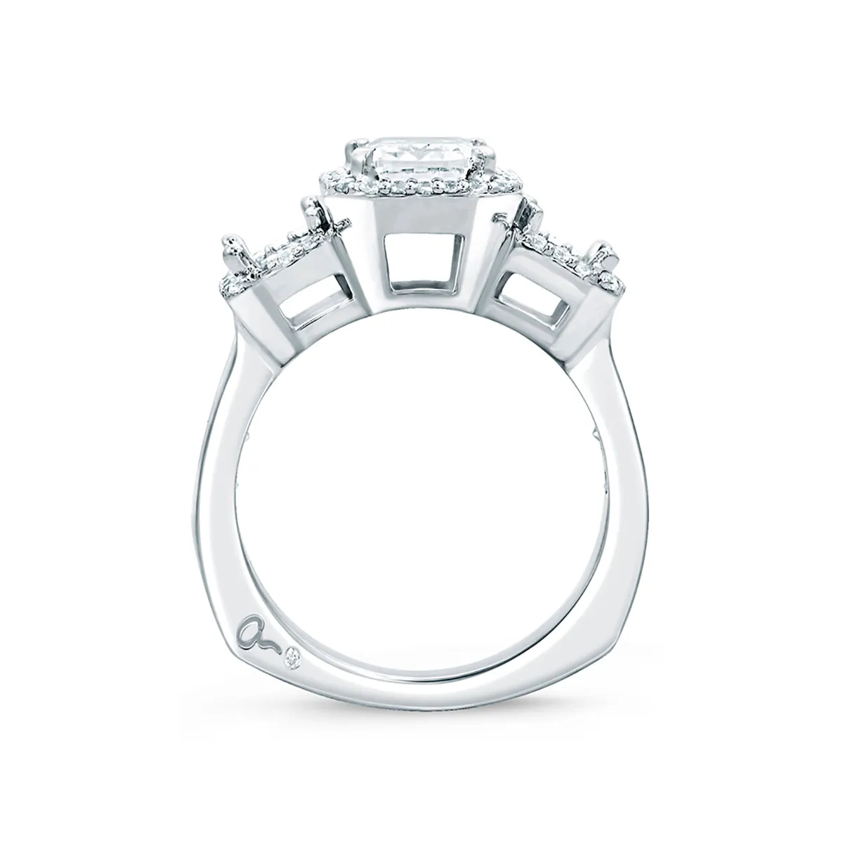 A.Jaffe Classic Three Stone Emerald Cut Halo Engagement Ring MES694/435