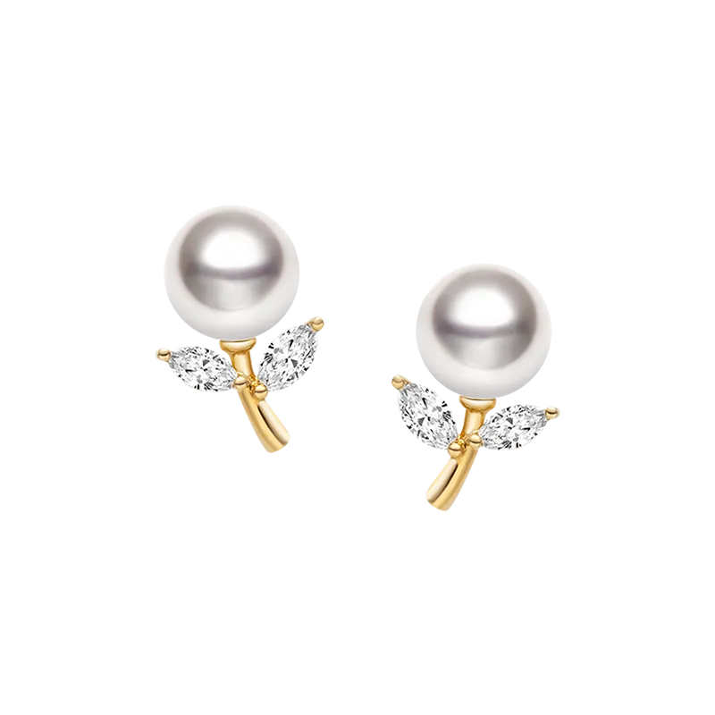 Akoya Pearl 18K Gold Diamond Dandelion Ear Studs Earrings
