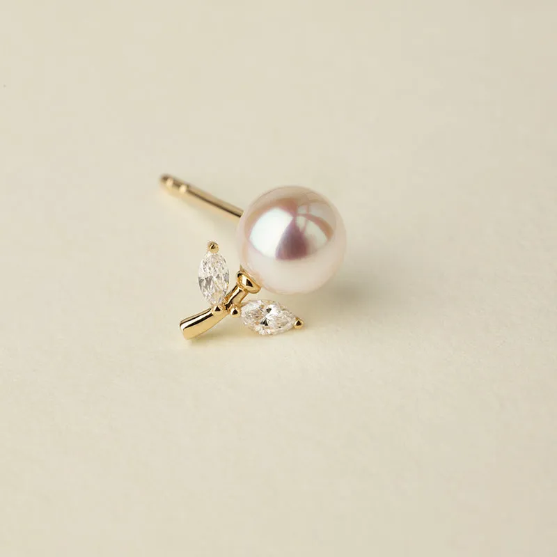 Akoya Pearl 18K Gold Diamond Dandelion Ear Studs Earrings