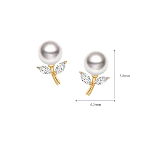 Akoya Pearl 18K Gold Diamond Dandelion Ear Studs Earrings