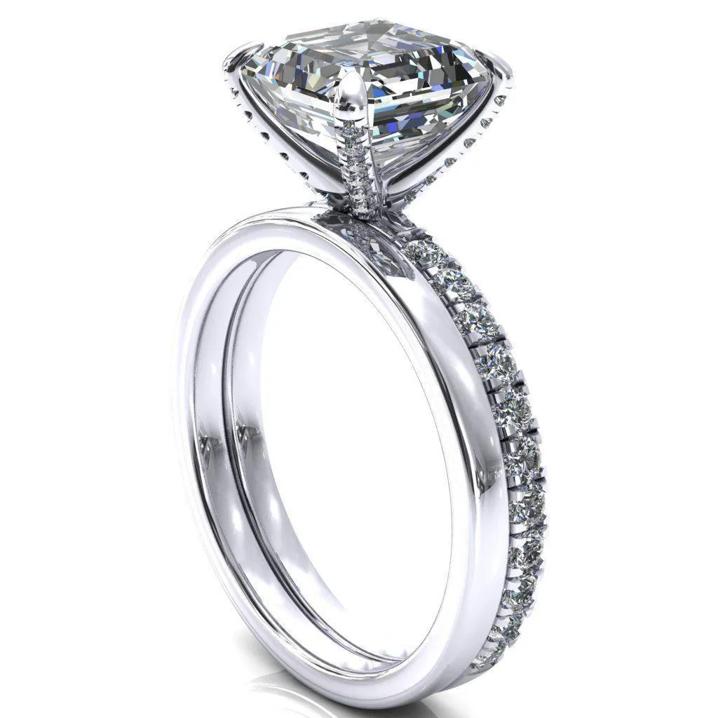 Alessi Asscher Moissanite 4 Claw Prong 3/4 Micro Pave Engagement Ring