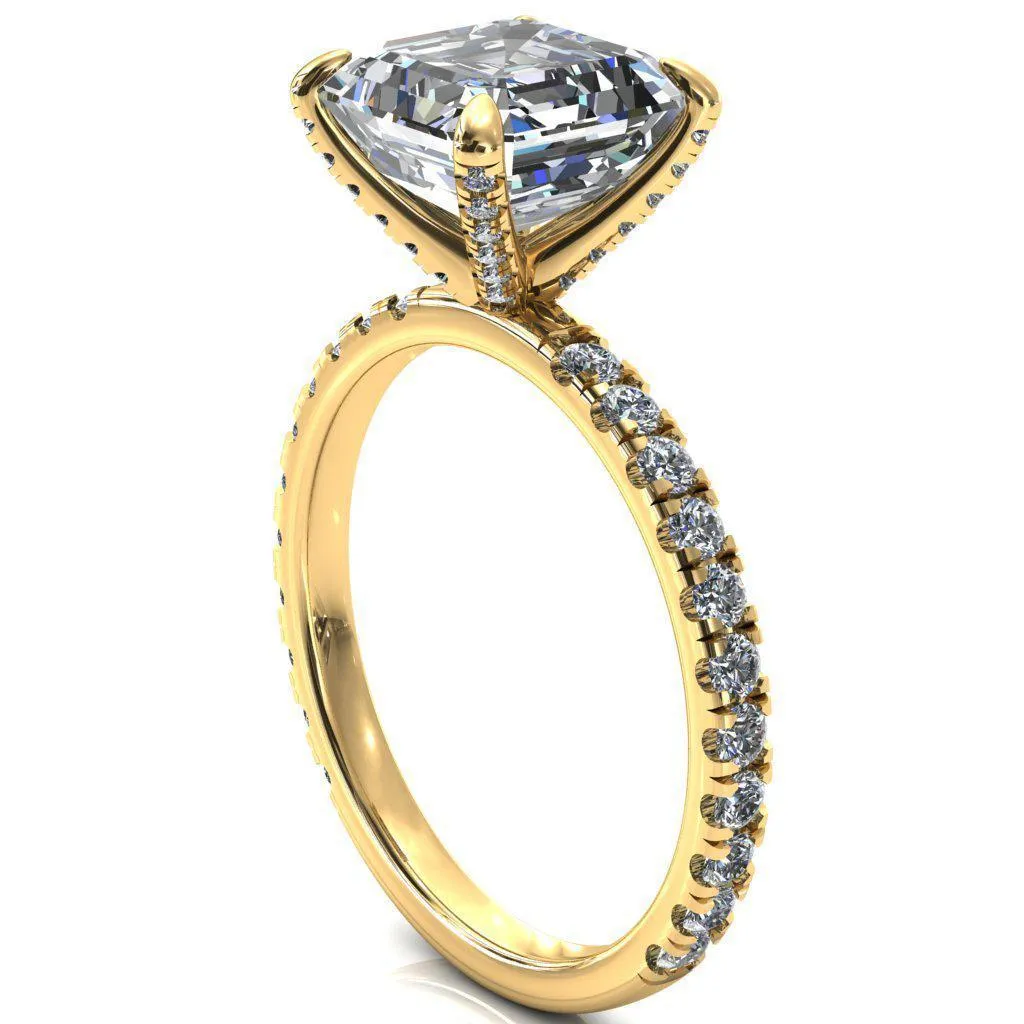 Alessi Asscher Moissanite 4 Claw Prong 3/4 Micro Pave Engagement Ring