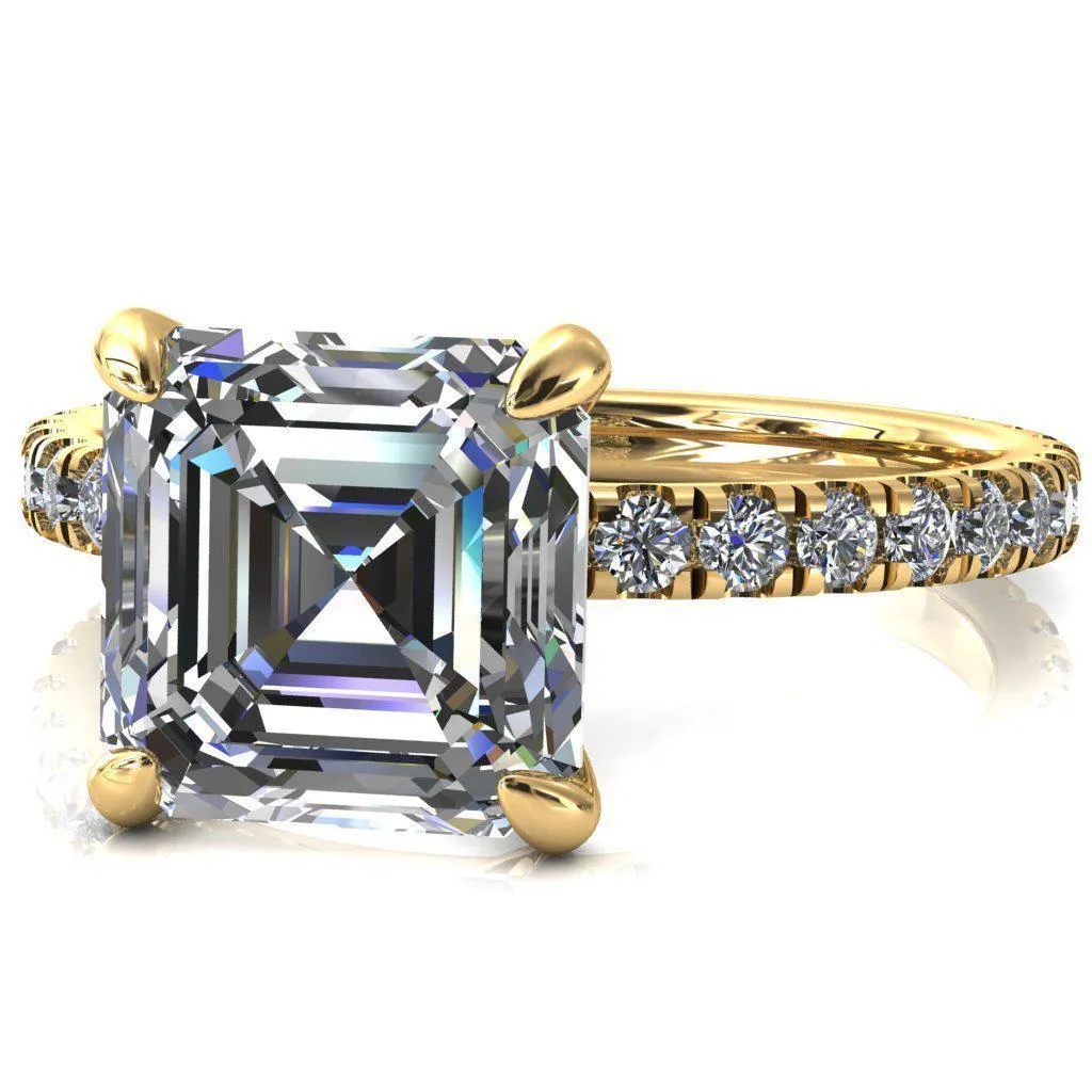 Alessi Asscher Moissanite 4 Claw Prong 3/4 Micro Pave Engagement Ring