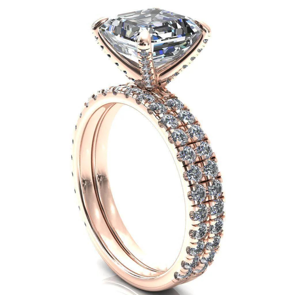 Alessi Asscher Moissanite 4 Claw Prong 3/4 Micro Pave Engagement Ring
