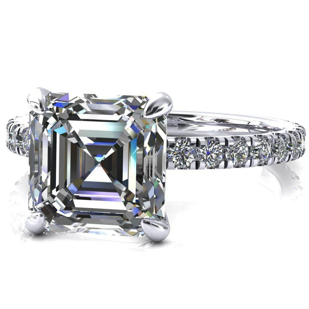 Alessi Asscher Moissanite 4 Claw Prong 3/4 Micro Pave Engagement Ring