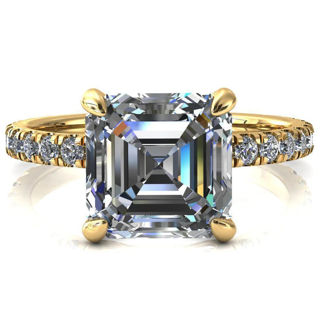 Alessi Asscher Moissanite 4 Claw Prong 3/4 Micro Pave Engagement Ring