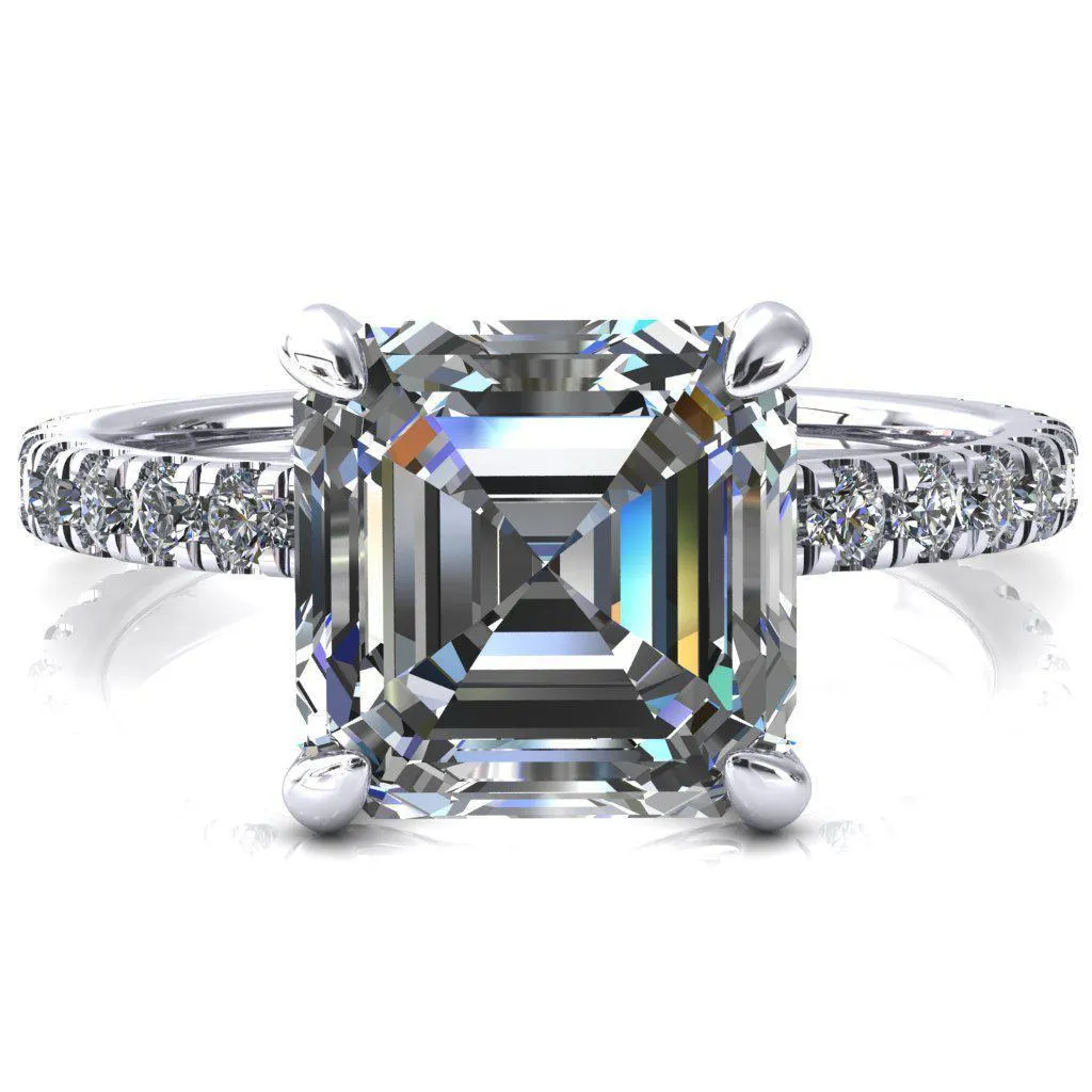 Alessi Asscher Moissanite 4 Claw Prong 3/4 Micro Pave Engagement Ring