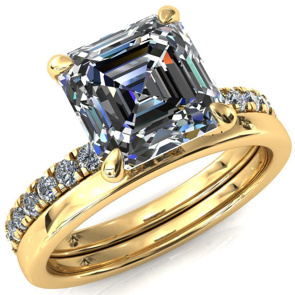 Alessi Asscher Moissanite 4 Claw Prong 3/4 Micro Pave Engagement Ring