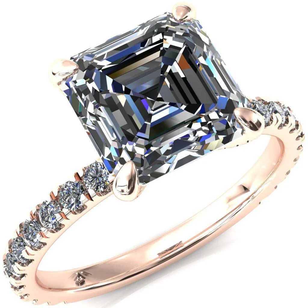 Alessi Asscher Moissanite 4 Claw Prong 3/4 Micro Pave Engagement Ring