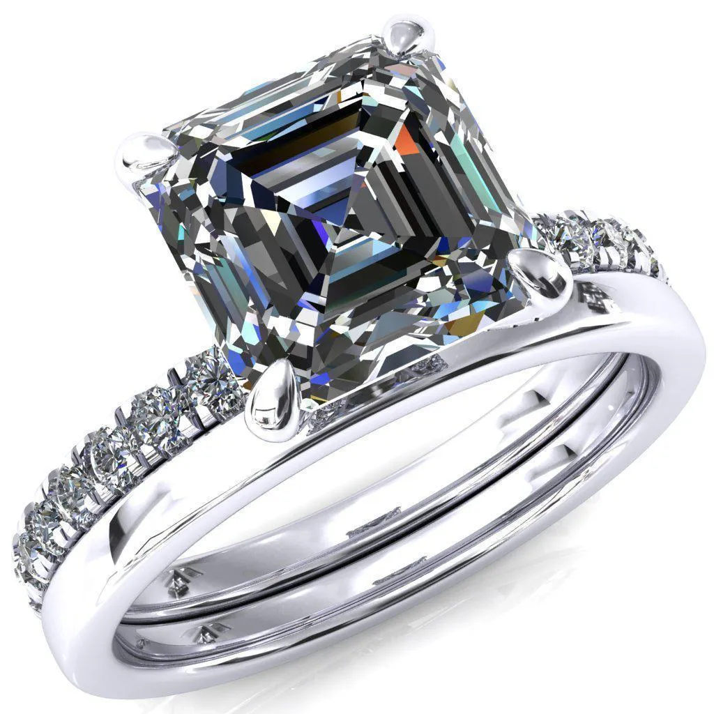 Alessi Asscher Moissanite 4 Claw Prong 3/4 Micro Pave Engagement Ring