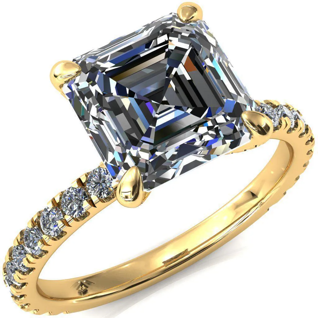 Alessi Asscher Moissanite 4 Claw Prong 3/4 Micro Pave Engagement Ring