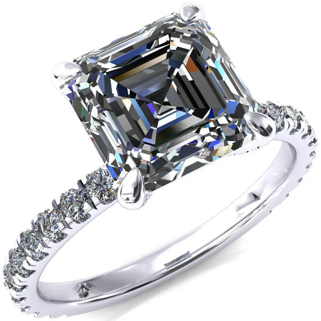 Alessi Asscher Moissanite 4 Claw Prong 3/4 Micro Pave Engagement Ring