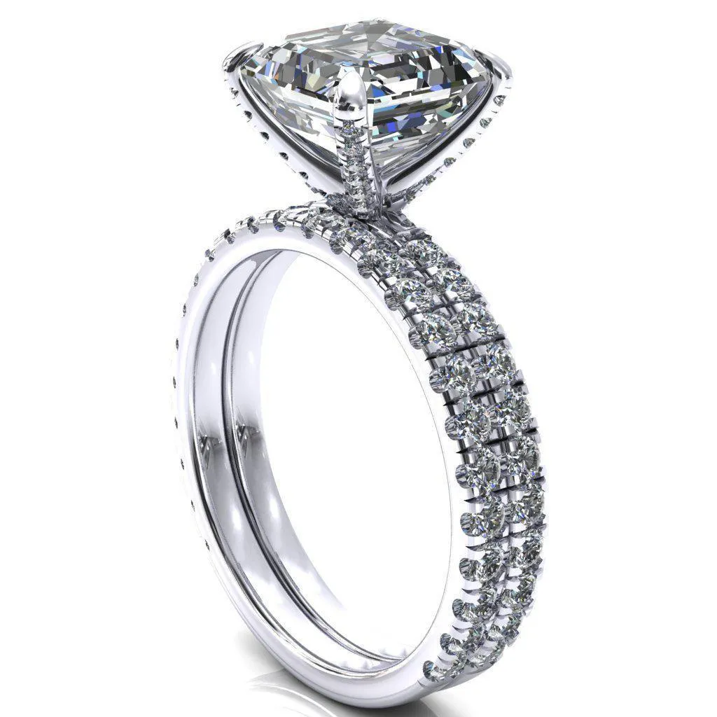Alessi Asscher Moissanite 4 Claw Prong 3/4 Micro Pave Engagement Ring