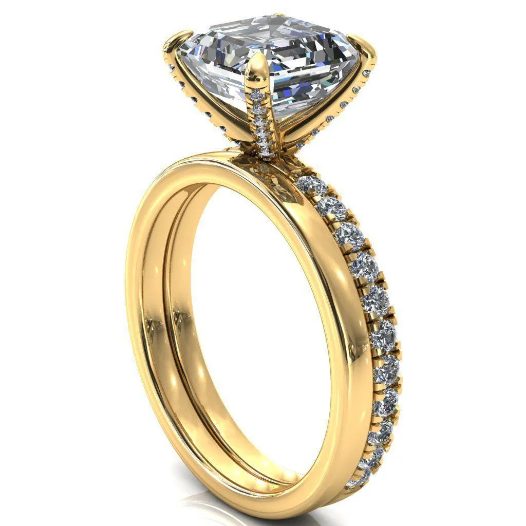 Alessi Asscher Moissanite 4 Claw Prong 3/4 Micro Pave Engagement Ring