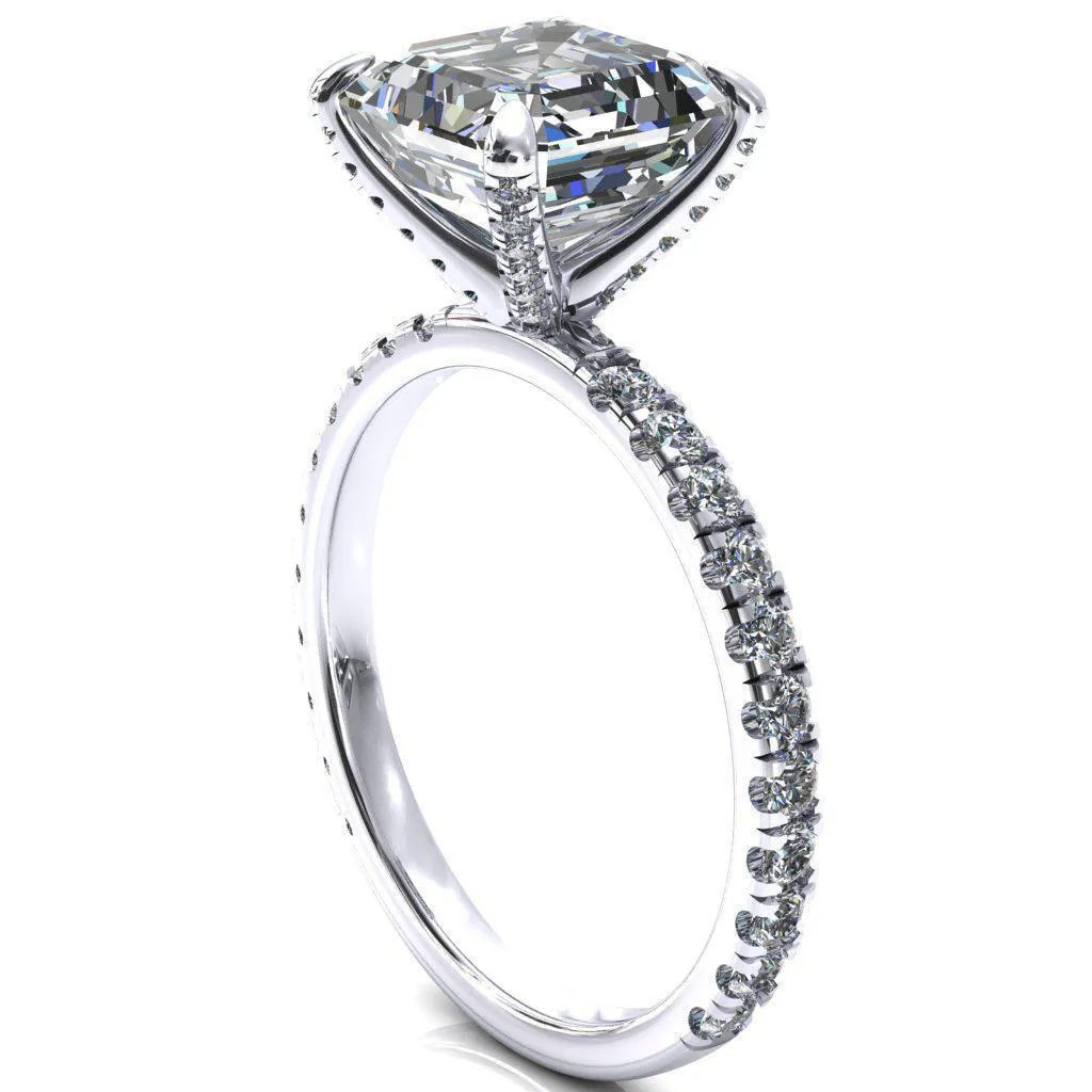 Alessi Asscher Moissanite 4 Claw Prong 3/4 Micro Pave Engagement Ring