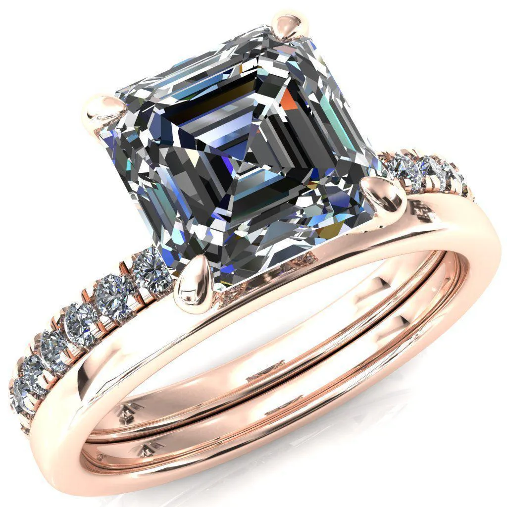 Alessi Asscher Moissanite 4 Claw Prong 3/4 Micro Pave Engagement Ring