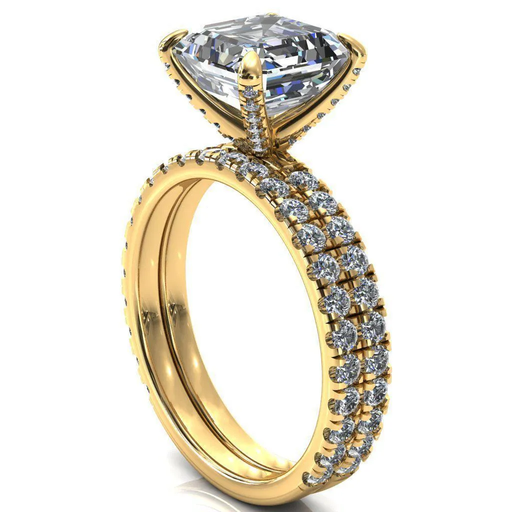 Alessi Asscher Moissanite 4 Claw Prong 3/4 Micro Pave Engagement Ring