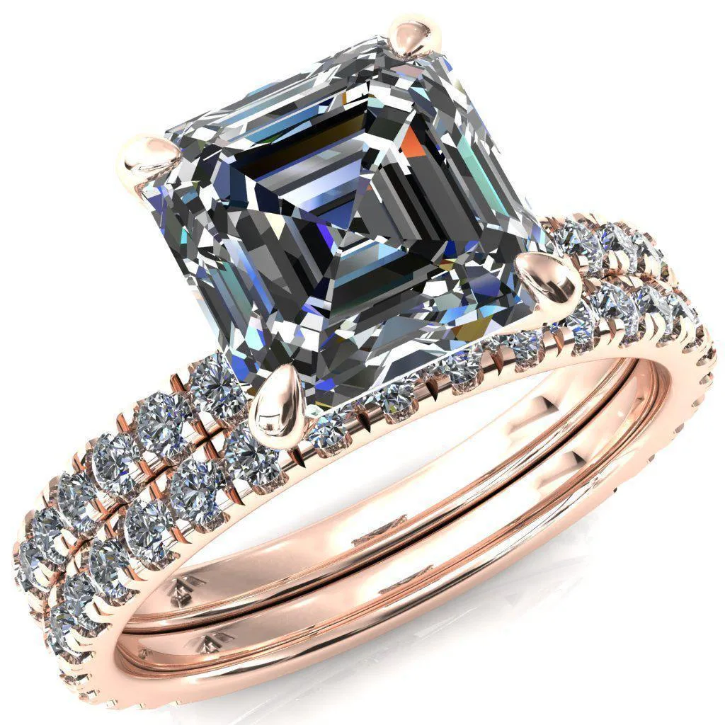 Alessi Asscher Moissanite 4 Claw Prong 3/4 Micro Pave Engagement Ring