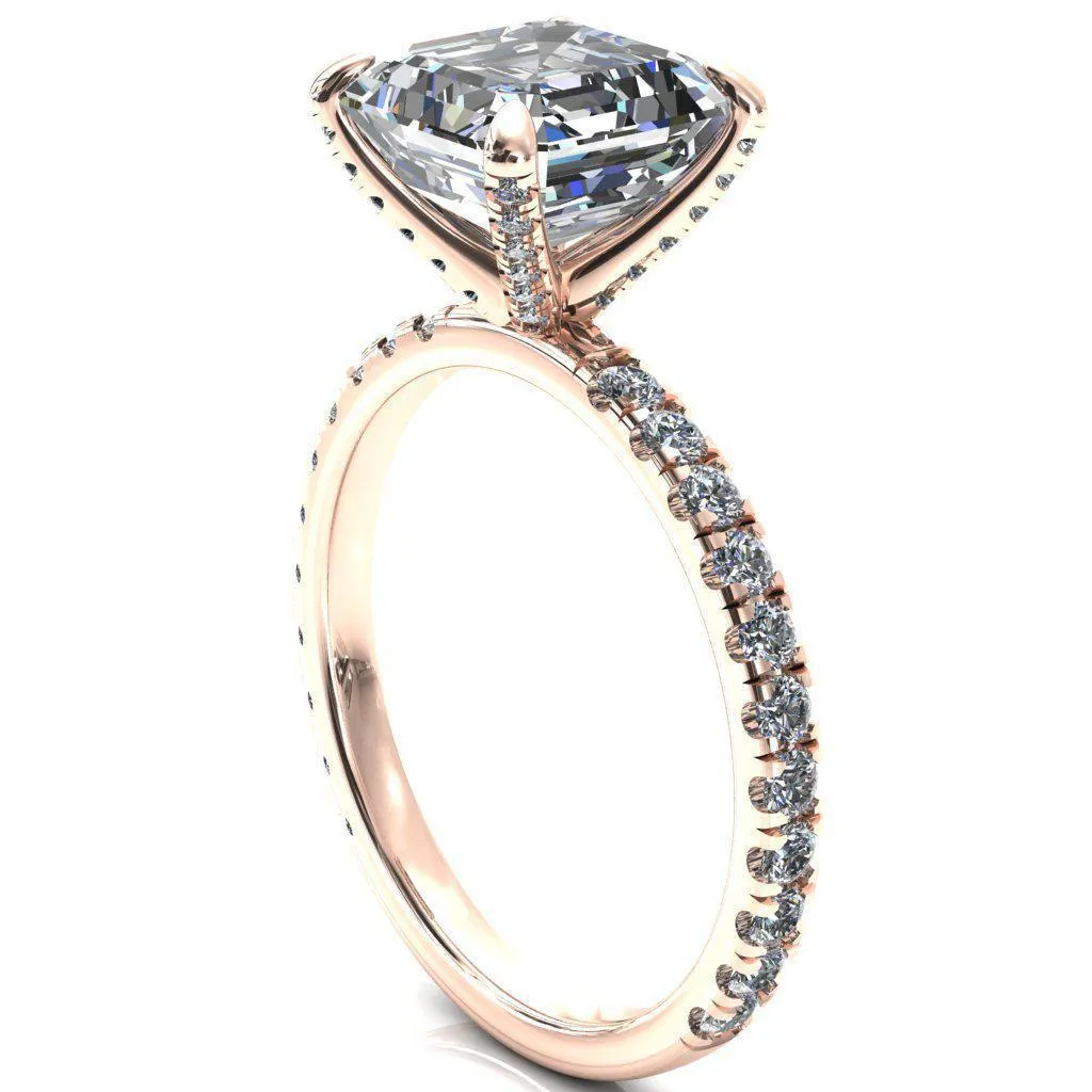 Alessi Asscher Moissanite 4 Claw Prong 3/4 Micro Pave Engagement Ring