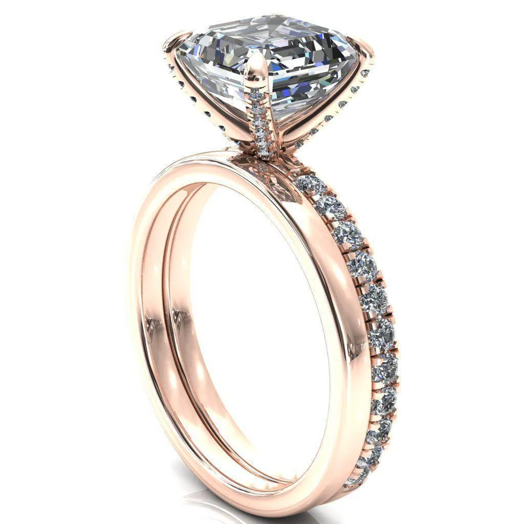 Alessi Asscher Moissanite 4 Claw Prong 3/4 Micro Pave Engagement Ring